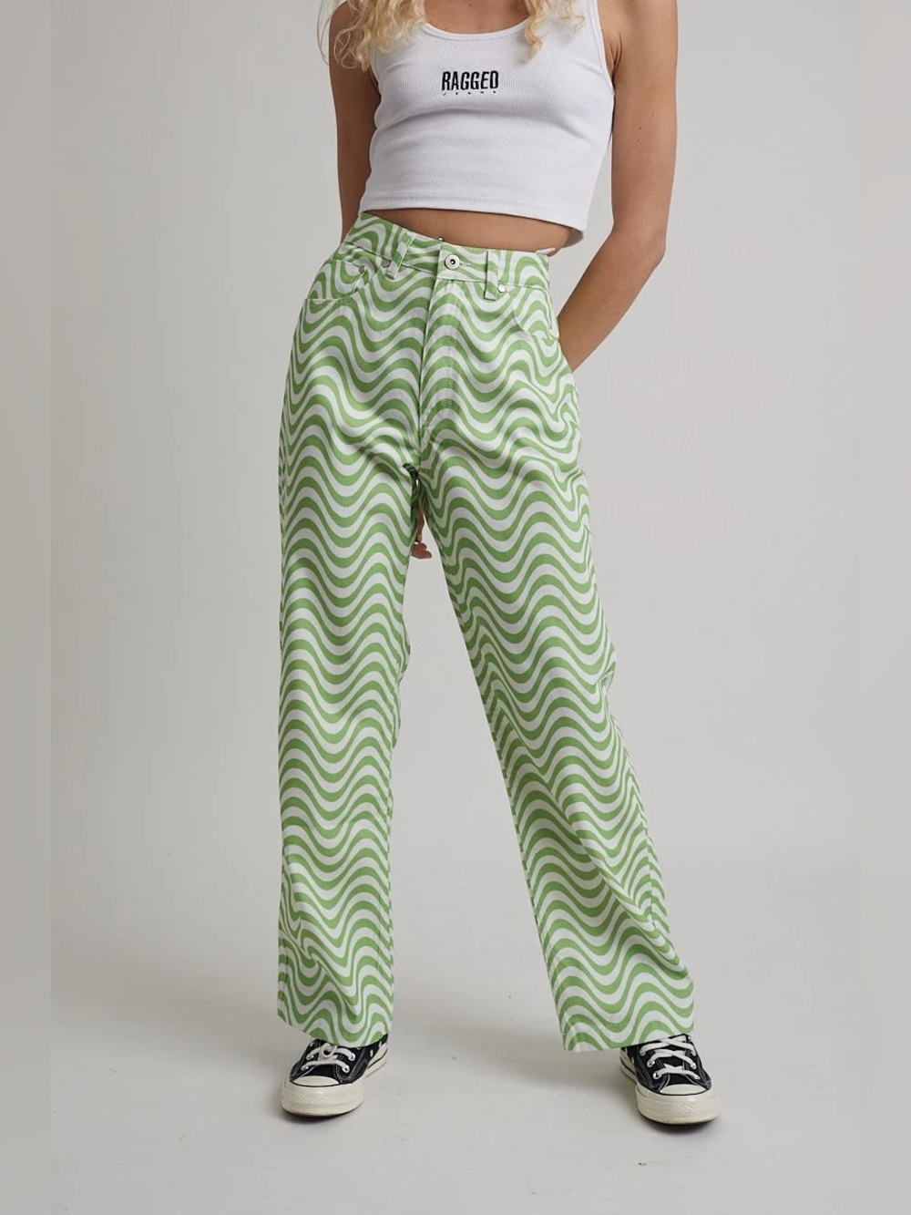 The Ragged Priest Wavy Print Dad Jeans  Prism jean denim lime/white